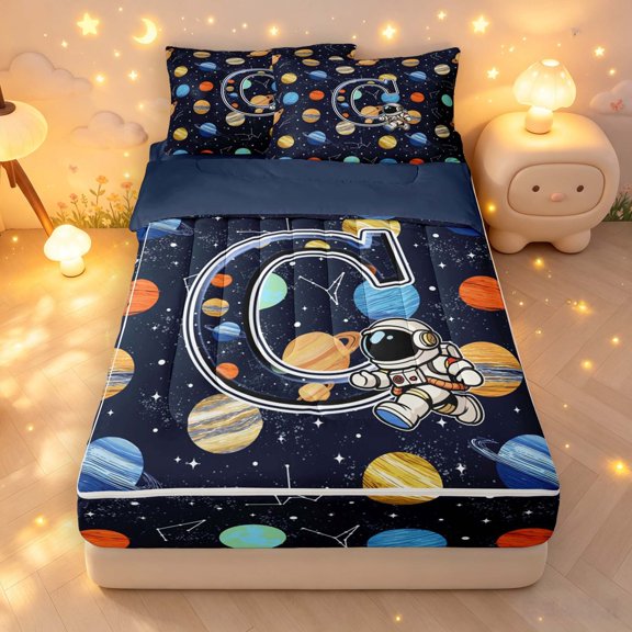 Manfei Celestial Planets Zipper Twin Comforter Sets with Fitted Sheet and 2 Pillowcases,Kawaii Astronaut Monogram C Zipper Bedding Set,Dark Blue,Navy Blue Reversible,4pcs