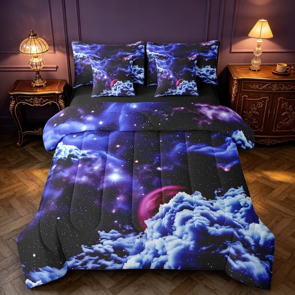 Manfei Celestial Purple Nebula 7pcs Queen Bedding,Dreamy Space Clouds Bedding Comforter Set Queen,Black Reversible