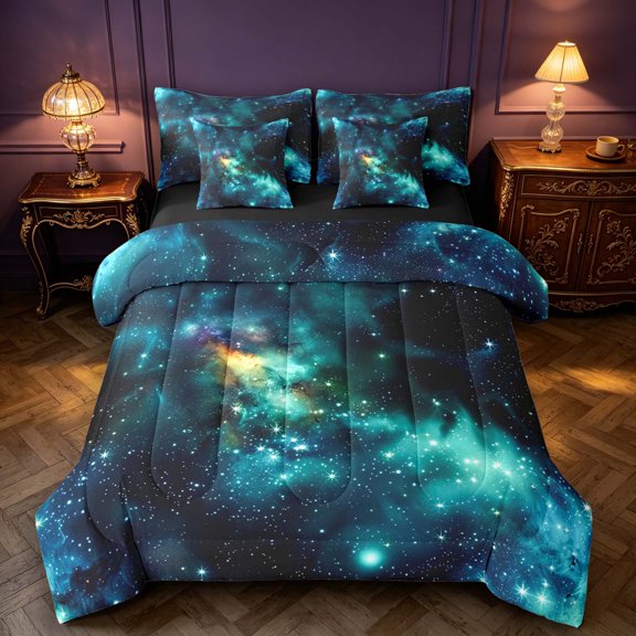 Manfei Celestial Stars 7-Piece Twin Bedding,Dreamy Nebulae Bedding Comforter Set,Blue Teal,Black Reversible