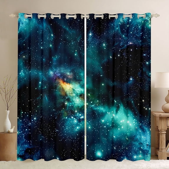 Manfei Celestial Stars Blackout Curtains Set of 2 (38x54 Each),Dreamy Nebulae Living Room Curtains,Blue Teal