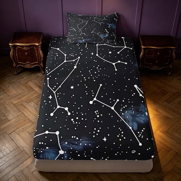 Manfei Celestial Stars Polka Dot Twin Fitted Sheet,Cute Galaxy Themed Bedding,Black Blue,2 Pieces