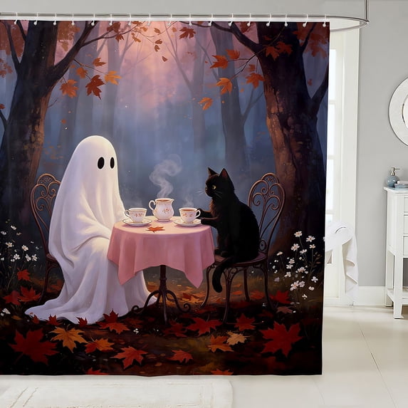 Manfei Chappy Halloween Ghost Shower Curtain 72Wx84L,Rustic Maples Leaf Bathroom Shower Curtain