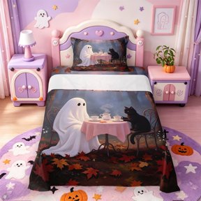 Manfei Chappy Halloween Ghost Twin Sheets,Rustic Maples Leaf Bedding,3 Pieces,1 Flat Sheet,1 Fitted Sheet and 1 Pillowcase