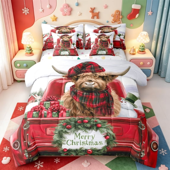 Manfei Charming Highland Cow 7-Piece Twin Bedding,Happy Christmas Bedding Comforter Set,Xmas Reversible