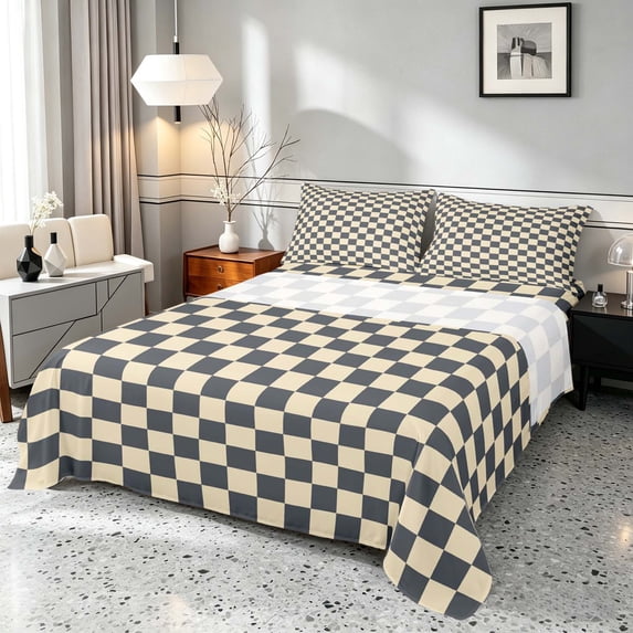 Manfei Checkerboard Bed Sheets, Beige Gray Plaid Buffalo Fuul Size Sheets, Reversible 4-Piece1 Flat Sheet + 1 Fitted Sheet + 2 Pillowcases