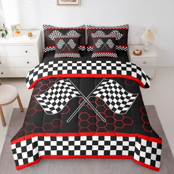Manfei Checkerboard Flag 7-Piece Twin Bedding,Classic Sport Racing Art Bedding Comforter Set,Black,Black Reversible