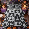 thumbnail image 1 of Manfei Checkerboard Spooky Ghost Full Size Bedding Sets 7 Pieces, Happy Halloween Full Size Bed in a Bag, Black Gray,Grey Reversible, 1 of 7