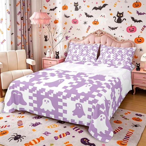 Manfei Checkerboard Spooky Ghost King Sheets 4pcs, Happy Halloween Bedding, Purple White,1 Fitted Sheet, 1 Flat Sheet and 2 Pillowcases