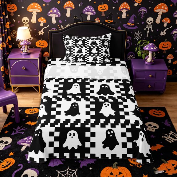 Manfei Checkerboard Spooky Ghost Twin Sheets 3pcs, Happy Halloween Bedding, Black White,1 Fitted Sheet, 1 Flat Sheet and 1 Pillowcase