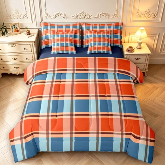 Manfei Checkered Art 7-Piece King Bedding,Geometric Plaid King Bed in a Bag,Orange Blue Black,Navy Blue Reversible