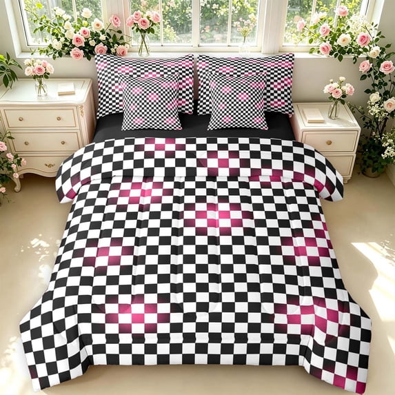 Manfei Checkered Art 7 Pieces Full Size Bedding Sets,Geometric Plaid Full Size Bed in a Bag,Black White Pink,Black Reversible