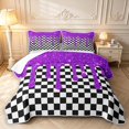 thumbnail image 1 of Manfei Checkered Art Bed Spread Queen,Geometric Plaid Queen Coverlet Set,Black White Purple,3 Pieces,1 Quilt and 2 Pillowcases, 1 of 7