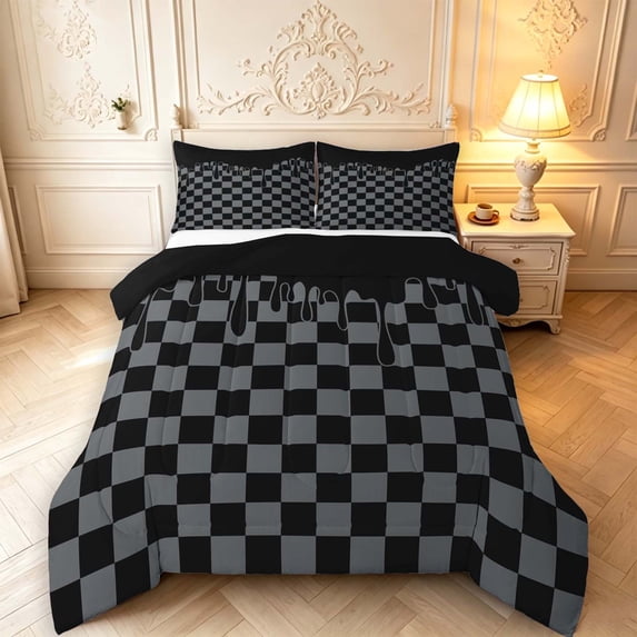 Manfei Checkered Art King Size Comforter Sets,Geometric Plaid Comforters King Size,Black Gray,Black Reversible,3 Pieces,1 Comforter and 2 Pillowcases,3 Pieces,1 Comforter and 2 Pillowcases