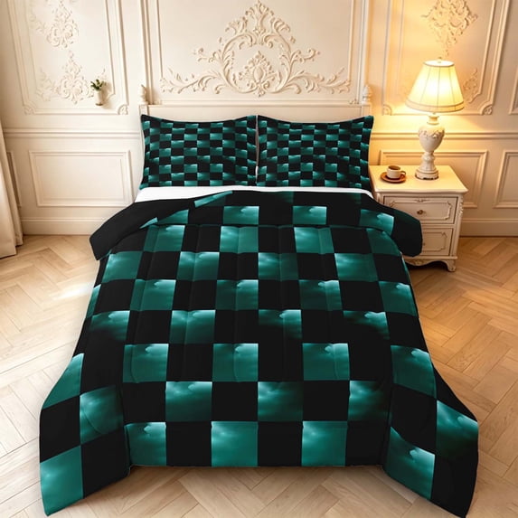 Manfei Checkered Art King Size Comforter Sets,Geometric Plaid Comforters King Size,Green,Black Reversible,3-Piece,1 Comforter and 2 Pillowcases,3-Piece,1 Comforter and 2 Pillowcases