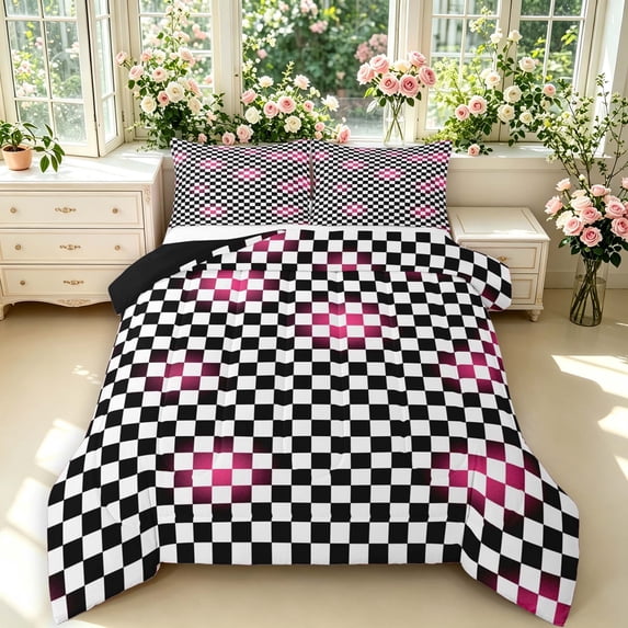 Manfei Checkered Art Queen Comforter Set,Geometric Plaid Comforter Sets Queen,Black White Pink,Black Reversible,3pcs,1 Comforter and 2 Pillowcases,3pcs,1 Comforter and 2 Pillowcases