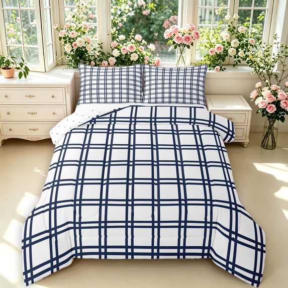 Manfei Checkered Art Queen Comforter Set,Geometric Plaid Comforter Sets Queen,White Navy,Reversible,3-Piece,1 Comforter and 2 Pillowcases,3-Piece,1 Comforter and 2 Pillowcases