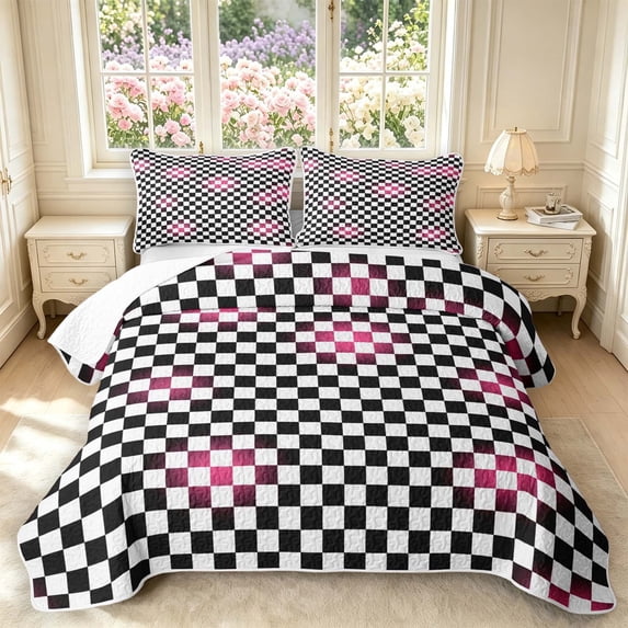 Manfei Checkered Art Twin Quilt Set,Geometric Plaid Twin Coverlet Set,Black White Pink,2-Piece,1 Bedspread and 1 Pillowcase