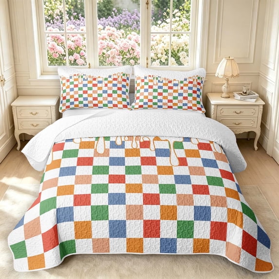 Manfei Checkered Art Twin Quilt Set,Geometric Plaid Twin Coverlet Set,Green Orange Blue,2-Piece,1 Bedspread and 1 Pillowcase