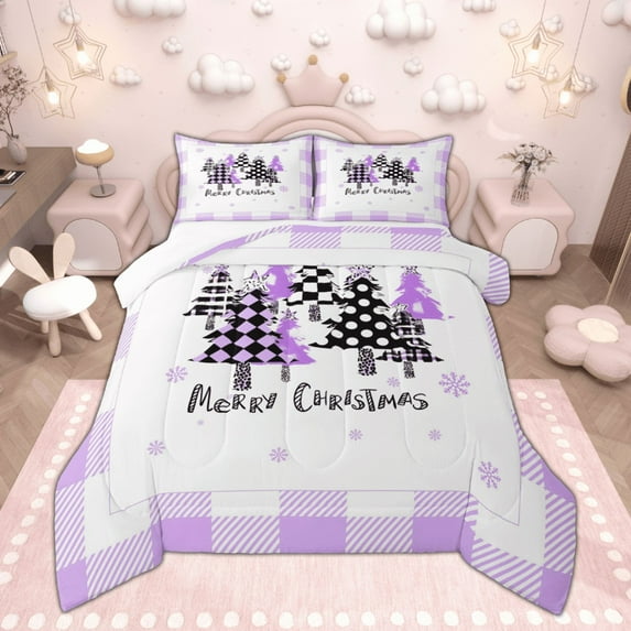 Manfei Checkered Christmas Tree Bedding Comforter Set for Kids Girls, Merry Xmas Twin Comforter Sets, Happy New Year Gifts Bedding Set, Ultra Soft Purple Home Decor