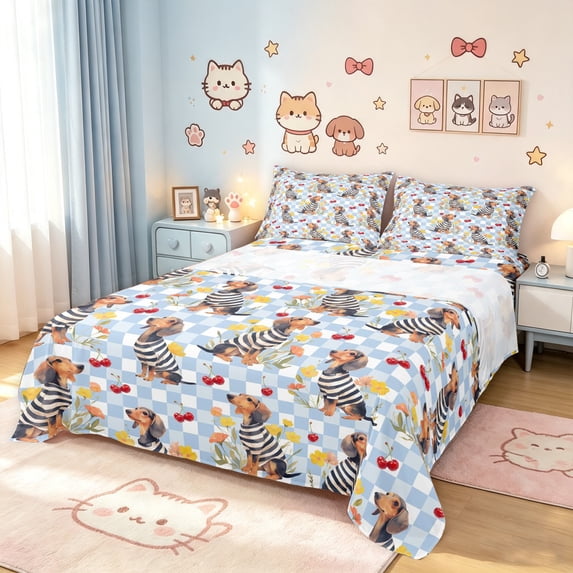 Manfei Checkered Dachshund Queen Sheets, Fruit Puppy Queen Sheet Sets, Blue, 4-Piece, 1 Flat Sheet, 1 Fitted Sheet and 2 Pillowcases