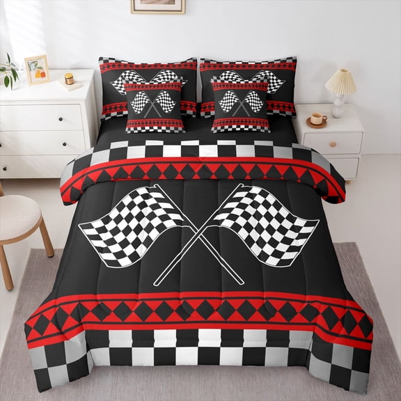 Manfei Checkered Flags 7-Piece Twin Bedding,Sporty Racing Art Bedding Comforter Set,Red Black,Black Reversible