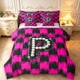 thumbnail image 1 of Manfei Checkered Initial P 7-Piece Twin Bedding,Fashion Pearl Print Bedding Comforter Set,Black Pink,Pink Reversible, 1 of 7