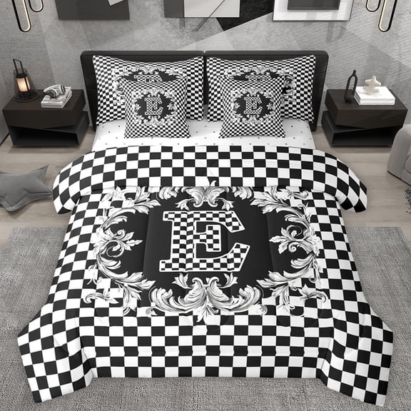 Manfei Checkered Monogrammed E Bedding Comforter Set 7pcs, Fashion Buffalo Plaid King Bedding Sets, Teens Kids Boys Girls Reversible Bed Sheets, Microfiber Bedroom Decor