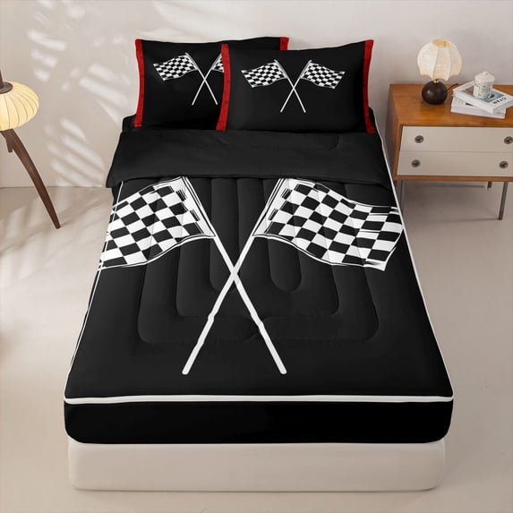 Manfei Checkered Racing Flags Zipper Full Size Comforter Sets with Fitted Sheet and 2 Pillowcases,Classic Geometric Print Zipper Bedding Set,Black Red,Black Reversible,4pcs