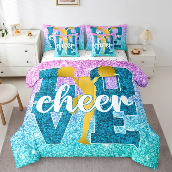 Manfei Cheer Cheerleading 7-Piece Bedding Comforter Set,Colorful Glitter Print King Bedding Sets,Girls Cheeleader Bed Sheets,Microfiber Bedroom Decor