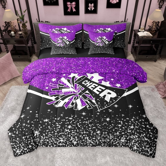 Manfei Cheerleading Cheer Team 7-Piece Bedding Comforter Set for Children Kids Teens,Black Purple King Bedding Sets,Bling Crystal Glitter Ultra Soft Bed Sheets,Microfiber Bedroom Decor