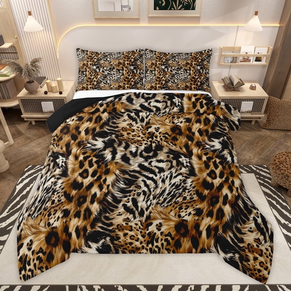 Manfei Cheetah Leopard Print 3-Piece Full Size Comforter Sets for Female Girls,Animal Print Patchwork Bedding Comforter Set,Black Brown Lightweight Bedding Sets,Super Cozy Room Decor