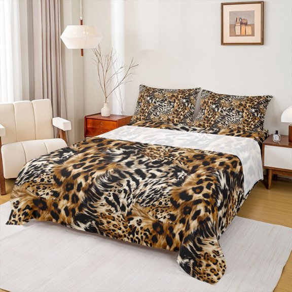 Manfei Cheetah Leopard Print 3pcs Twin Sheet Sets for Female Girls,Animal Print Patchwork Twin Fitted Sheet,Black Brown Breathable Flat Sheet,Super Cozy Room Decor