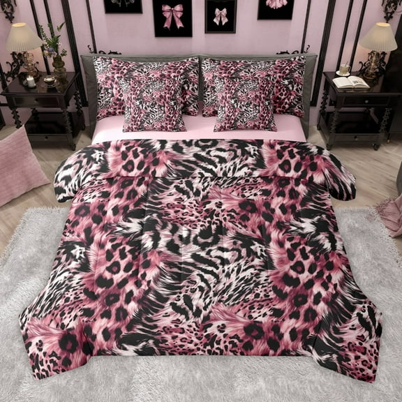 Manfei Cheetah Leopard Print 7-Piece Bedding Comforter Set for Female Girls,Animal Print Patchwork King Bedding Sets,Black Pink Ultra Soft Bed Sheets,Super Cozy Room Decor,Reversible