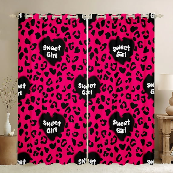 Manfei Cheetah Leopard Print Black Out Curtains, Hot Pink Cartoon Curtains Pack of 2 (42x63 Each), Romantic Love Heart Bedroom Curtains, Curtains and Drapes Bedroom Decor