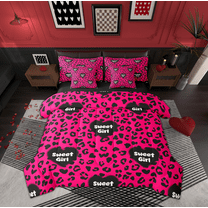 Manfei Cheetah Leopard Print Twin Bedding Sets 7-Piece, Hot Pink Cartoon Bedding Comforter Set, Romantic Love Heart Reversible Sheet Sets, Luxury Bedroom Decor