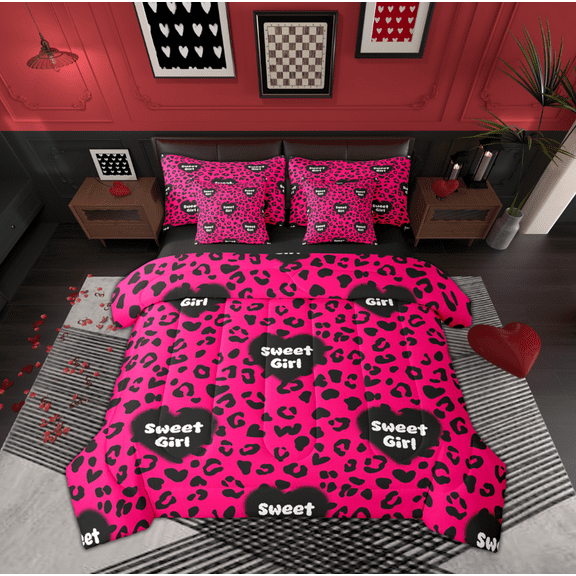 Manfei Cheetah Leopard Print Twin Bedding Sets 7-Piece, Hot Pink Cartoon Bedding Comforter Set, Romantic Love Heart Reversible Sheet Sets, Luxury Bedroom Decor