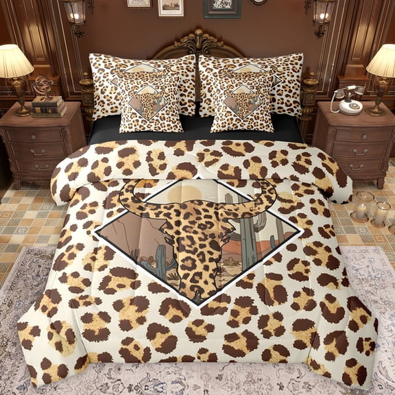 Manfei Cheetah Leopard Print Twin Bedding Sets 7-Piece for Teen, Vintage Western Fashion Bedding Comforter Set, Cow Skeleton Reversible Sheet Sets, Lightweight Room Decor