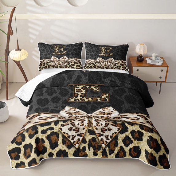 Manfei Cheetah Monogram E Bed Spread Queen,Leopard Print Queen Coverlet Set,Black Brown,3pcs,1 Quilt and 2 Pillowcases