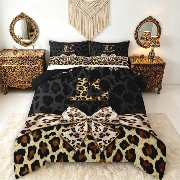 Manfei Cheetah Monogram E Queen Comforter Set,Leopard Print Comforter Sets Queen,Black Brown,Black Reversible,3pcs,1 Comforter and 2 Pillowcases