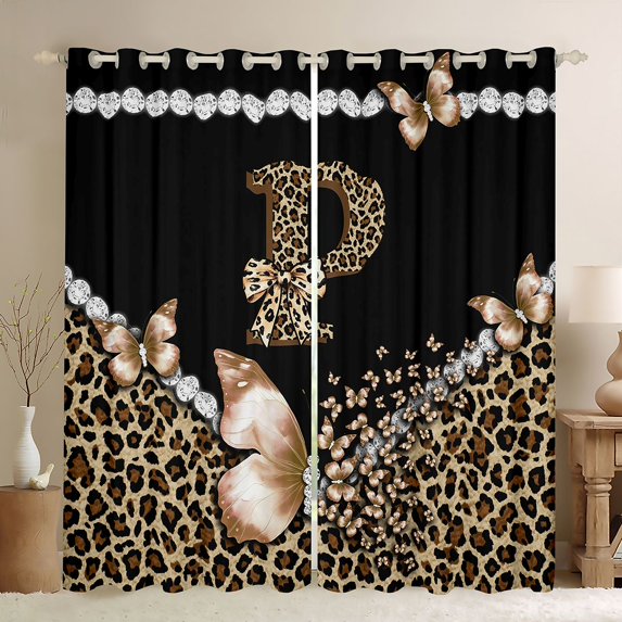 Manfei Cheetah Monogrammed P Blackout Curtains,Kawaii Bowknot Butterfly Curtains Pack of 2 (42x84 Each),Black Brown