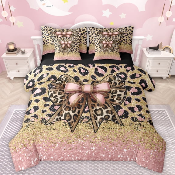 Manfei Cheetah Pattern 7-Piece Bedding Comforter Set,Leopard Print Bowtie King Bedding Sets,Pink Gold Glitter Print Bed Sheets For Girls Kids,Luxury Bedroom Decor Reversible
