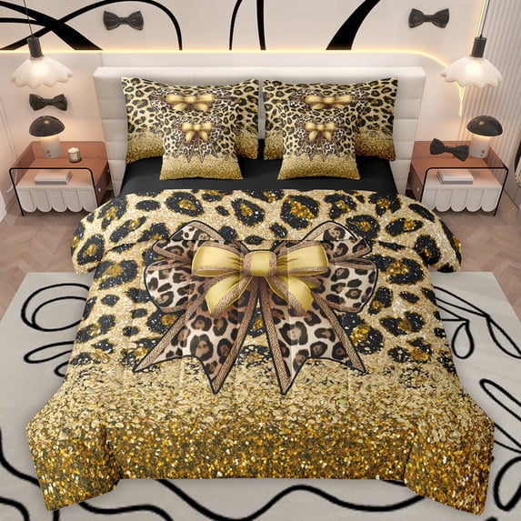 Manfei Cheetah Pattern 7-Piece Twin Bedding Sets,Leopard Print Bowtie Bedding Comforter Set,Gold Brown Black Sheet Sets For Girls Kids,Luxury Bedroom Decor Reversible