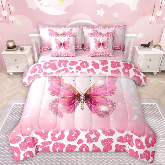 Manfei Cheetah Pattern 7-Piece Twin Bedding Sets,Leopard Print Kawaii Butterfly Bedding Comforter Set,Pink White Sheet Sets For Girls Kids,Luxury Bedroom Decor Reversible