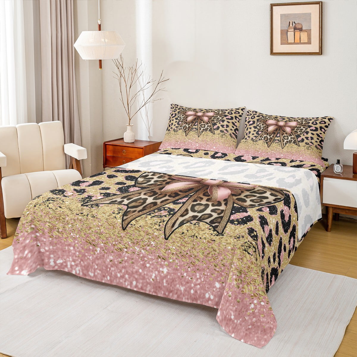Manfei Cheetah Pattern Bed Sheets,Leopard Print Bowtie King Sheets,Pink