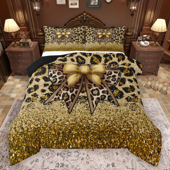 Manfei Cheetah Pattern Bedding Comforter Set,Leopard Print Bowtie Twin Comforter Sets,Gold Brown Black Bedding Set For Girls Kids,Luxury Bedroom Decor Reversible,2pcs