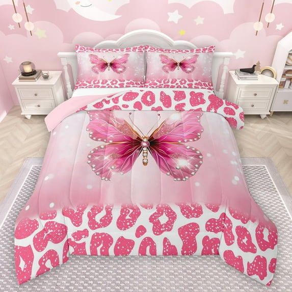 Manfei Cheetah Pattern Bedding Comforter Set,Leopard Print Kawaii Butterfly Twin Comforter Sets,Pink White Bedding Set For Girls Kids,Luxury Bedroom Decor Reversible,2-Piece