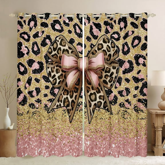 Manfei Cheetah Pattern Black Out Curtains,Leopard Print Bowtie Curtains Pack of 2 (42x63 Each),Pink Gold Glitter Print Bedroom Curtains For Girls Kids,Luxury Bedroom Decor
