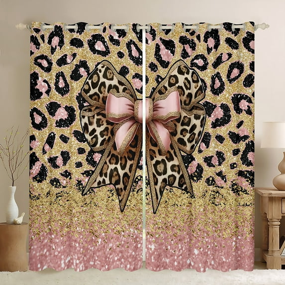 Manfei Cheetah Pattern Blackout Curtains Set of 2 (52x84 Each),Leopard Print Bowtie Window Curtains,Pink Gold Glitter Print Curtains and Drapes For Girls Kids,Luxury Bedroom Decor