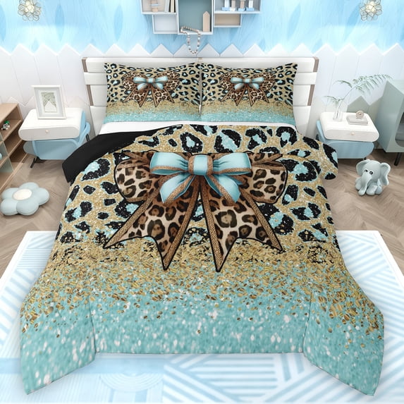 Manfei Cheetah Pattern Bow Bedding Comforter Set,Leopard Print Bowtie Twin Comforter Sets,Blue Gold Glitter Print Bedding Set For Girls Kids,Luxury Bedroom Decor Reversible,2 Pieces