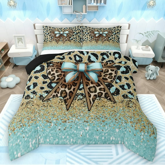Manfei Cheetah Pattern Bow Queen Comforter Set,Leopard Print Bowtie Bedding Sets,Blue Gold Glitter Print Bedding Comforter Set For Girls Kids,Luxury Bedroom Decor Reversible,3-Piece